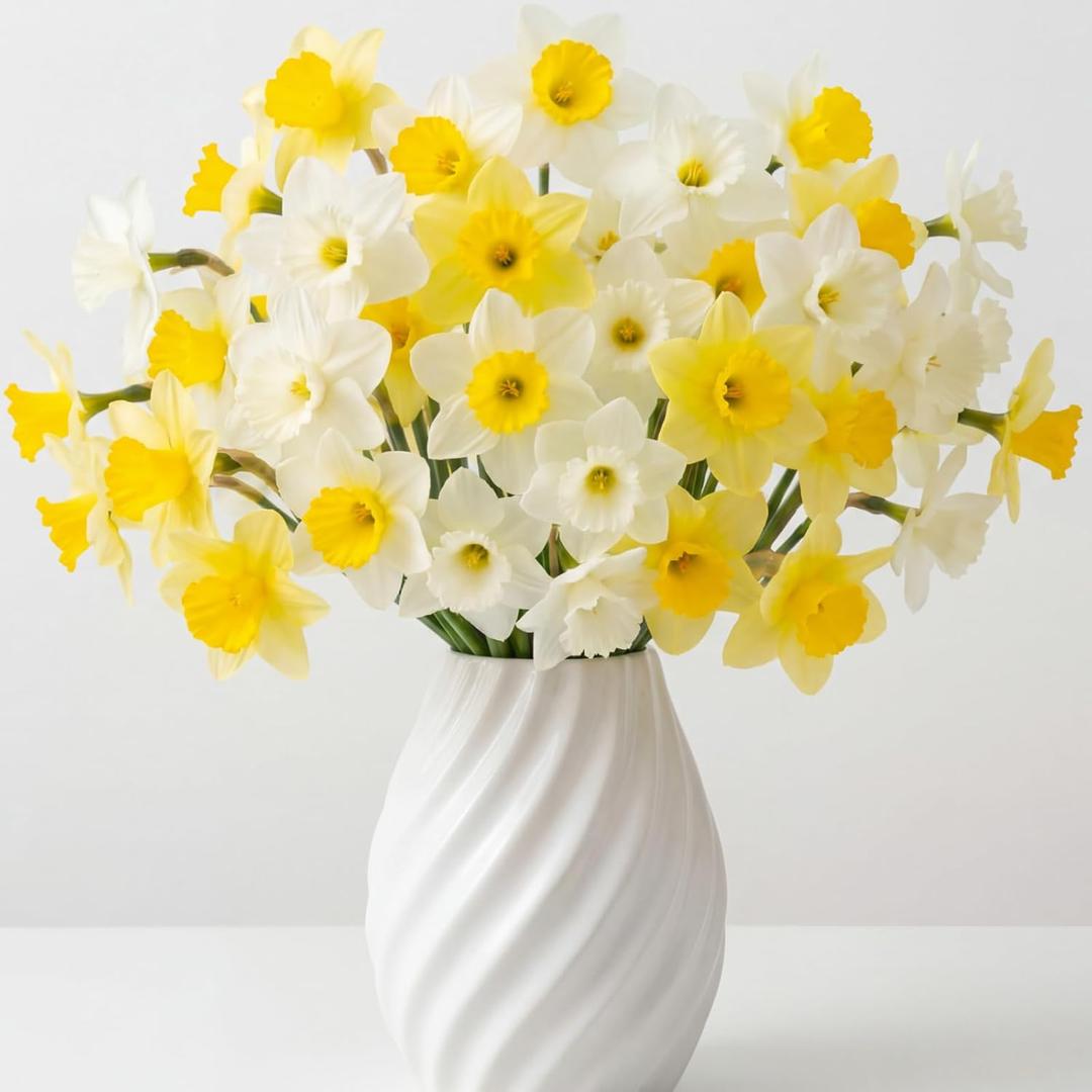 24 Pcs Artificial Daffodils Flowers Silk Narcissus Faux Spring Flowers Bouquet 18.1 Inch Fake Plants Arrangement for Home Decor Indoor Outdoor Wedding Party Decoration (White)