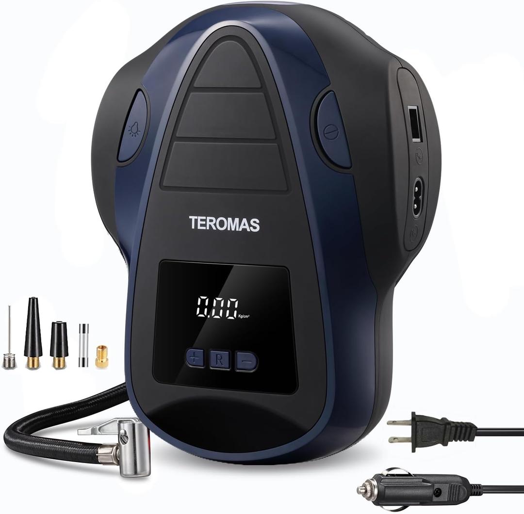 TEROMAS Tire Inflator Portable Air Compressor, Air Pump DC/AC for Car Tires 12V DC and Other Inflatables at Home 110V AC, Digital Electric Tire Pump with Pressure Gauge, (Blue)