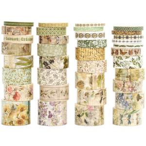 36 Rolls Vintage Washi Tape Pack Retro Arts Adhesive Tapes Wide Chronicle Decorative Masking Tape Sets for Craft, Kids, Scrapbook, DIY, Gift Wrapping (Forest Praise)