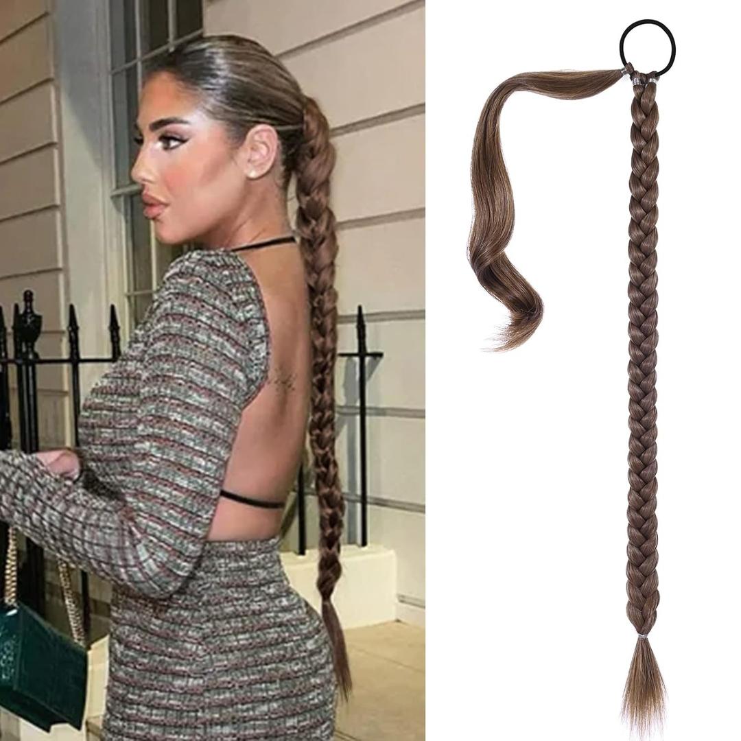 SEIKEA Long Braided Ponytail Extension with Hair Tie Straight Wrap Around Hair Extensions Ponytail Natural Soft Synthetic Hair Piece Daily Wear 34 Inch 180 Gram Medium Brown with Medium Auburn