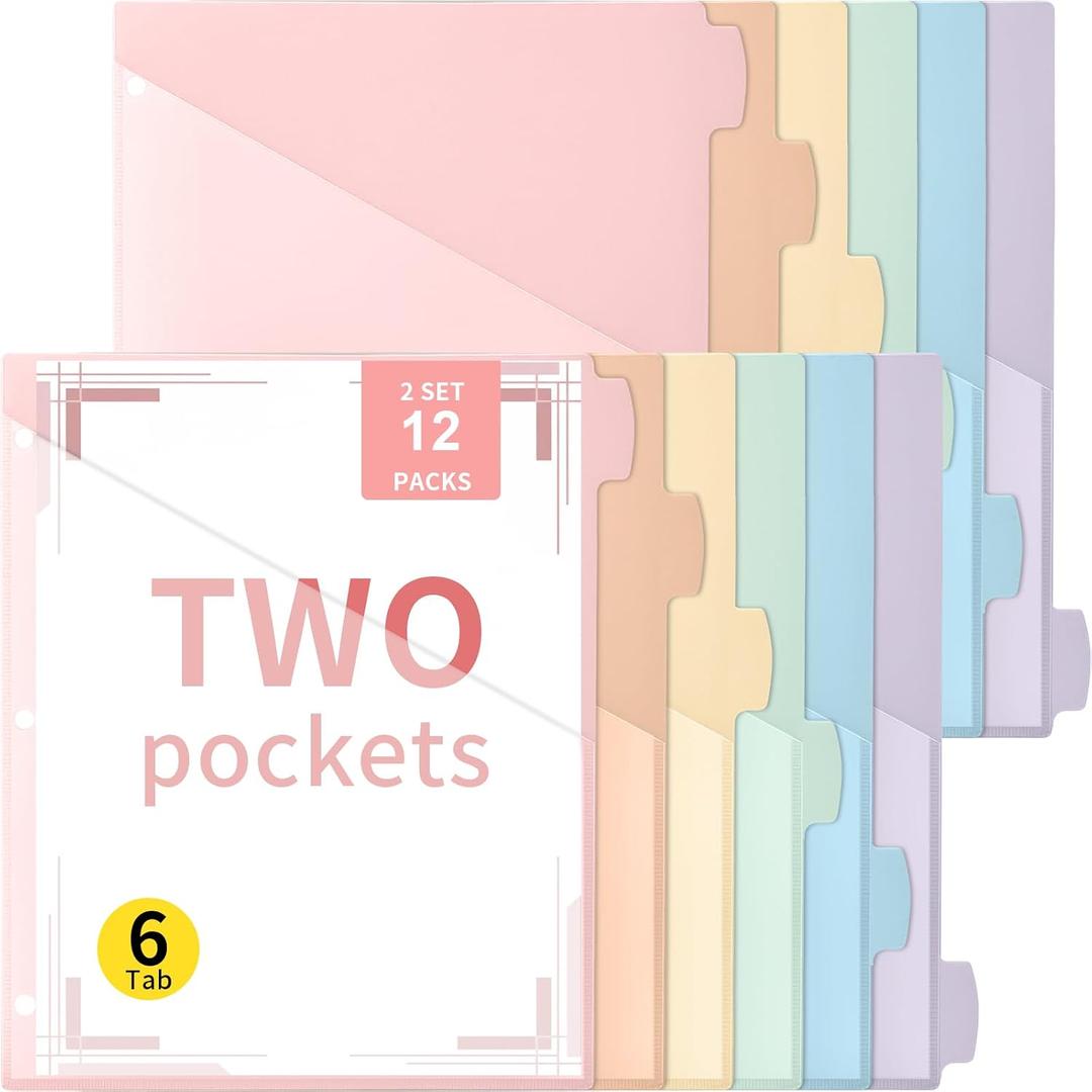 Epakh 12 Pcs Binder Dividers for 3 Rings Binders Index Dividers with Two Clear Pockets Plastics Sheets Protectors with Tab Labels for School Office Organization (Macaron)