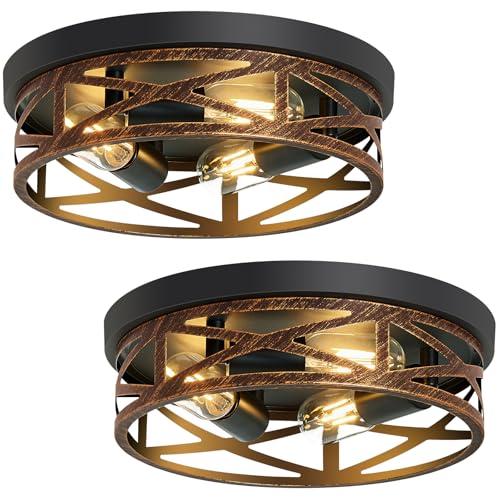 SKEJAO Flush Mount Ceiling Light Fixture,Vintage Metal Black Hallway Light Fixtures Ceiling,Light Fixtures Ceiling Mount for Farmhouse,Kitchen,Hall,Brown(2 Pack (Retro Metal Black, 13 inch) 