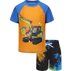 oys Rash Guard Swimsuits Set for Boys 2 Piece Short Sleeve Swim Shirts Quick Dry Bathing Suits with Trunks (Orange Excavator 4T)