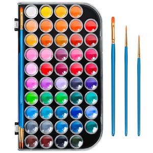 48 Color Solid Watercolor Paint Set with 3 Wooden Brushes - Non-Toxic, Vibrant & Washable Watercolor Kit for Artists, Children, Beginners, Kids - Portable Watercolor Painting Set for Travel & Studio