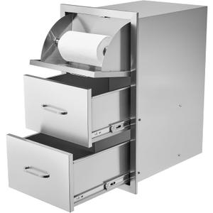 VEVOR 17W x 30H x 21D Inch Outdoor Kitchen Stainless Steel Double Access Drawers with Paper Towel Holder Combo for BBQ Island or Grill Station