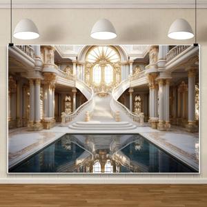 ChloropLastid 10x8ft Luxury Palace Hall Backdrop Retro Royal Gold Hall Staircase Birthday Party Decoration Photography Background Wedding Ceremony Bridal Shower Girls Art Portrait Photo Backdrop