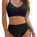 Blooming Jelly Womens High Waisted Bikini Sets Drawstring Tummy Control Swimsuits Crisscross Tie Back Bathing Suit (XL, Black)
