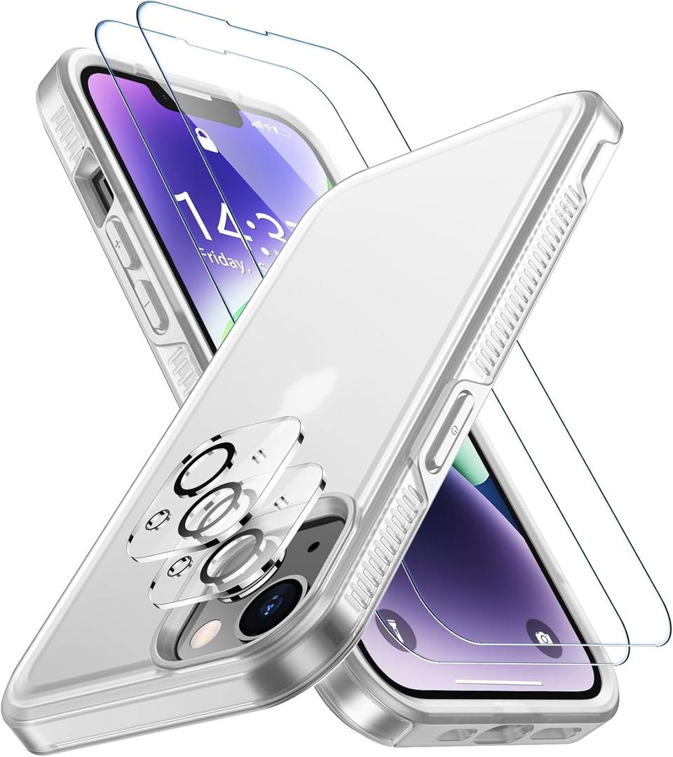 SPIDERCASE for iPhone 14 Case/iPhone 15 Case, [15 FT Military Grade Drop Protection][Non-Slip] 2 Pack [Tempered Glass Screen Protectors+Camera Lens Protectors] Heavy Duty Shockproof Case,Frosted Clear