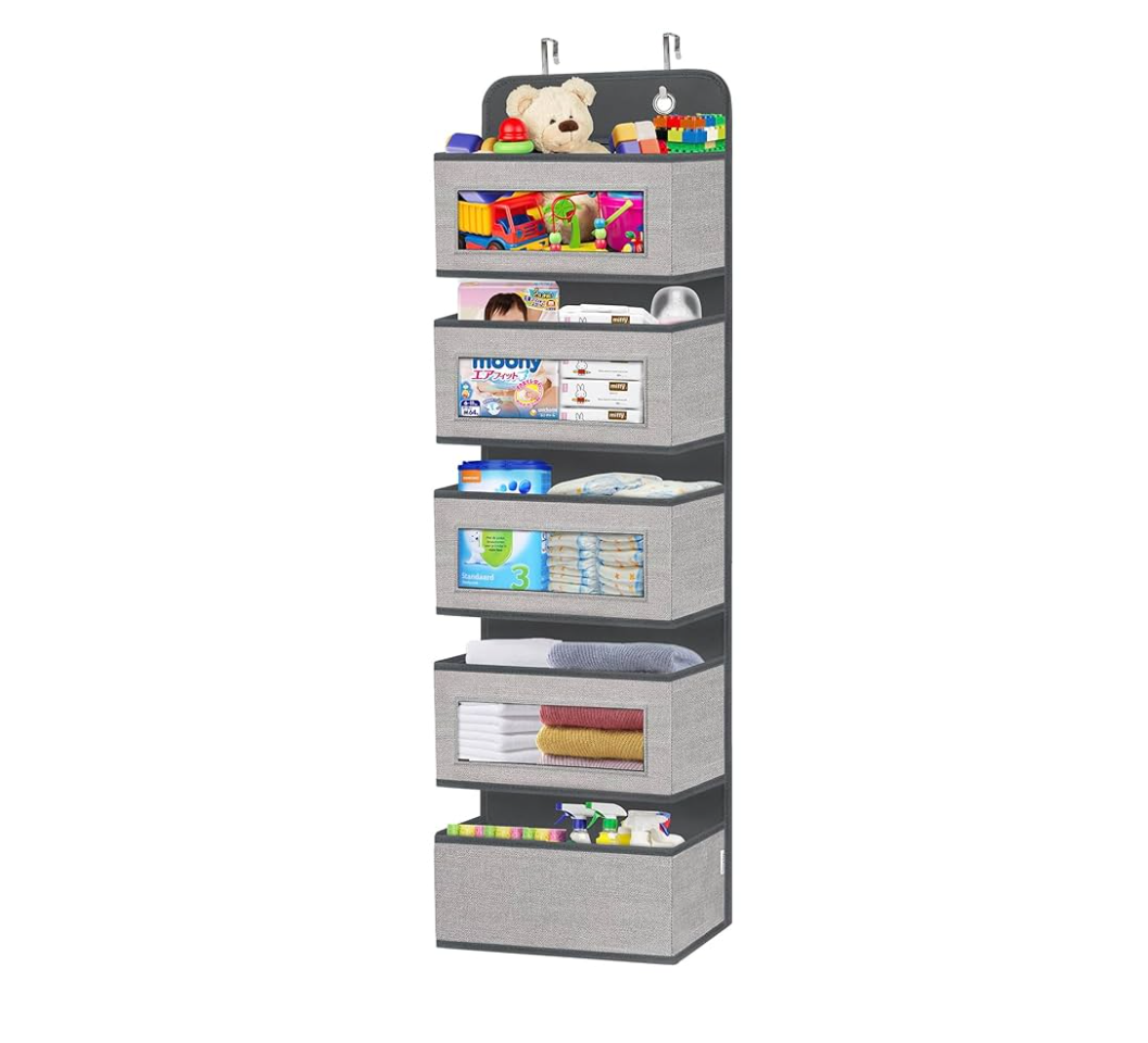 Over the Door Hanging Organizer Storage with 5 Large Pockets,Wall Mount Storage with Clear Windows and 2 Widened Metal Hooks for Pantry,Nursery,Diapers,Bathroom,kitchen,Closet,Dorm(Grey) (2 packs)