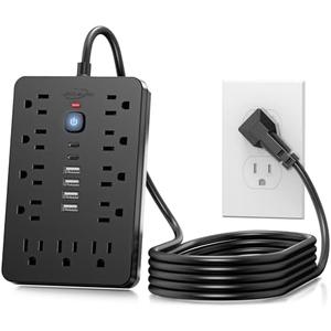 JouleLoom 10 FT Flat Plug Surge Protector Power Strip,11 Multiple AC Outlets with 6 USB Ports (2 USB C), 10 Feet Extension Cord, 1250W/10A, One Touch Switch Button, 17 in 1 Compact powerstrip