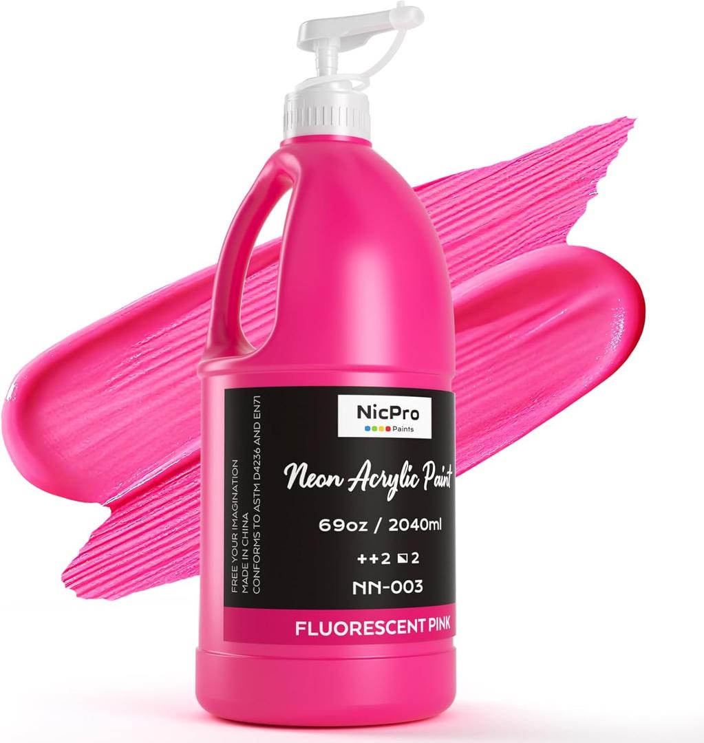 Nicpro Fluorescent Pink Large Acrylic Paint Set (69 oz, 2040 ml), Glow in the Black Light, Non-Toxic Neon Paint for Neon Party Decoration, DIY Project on Multi-Surface, Canvas, Rock, Wood, Craft
