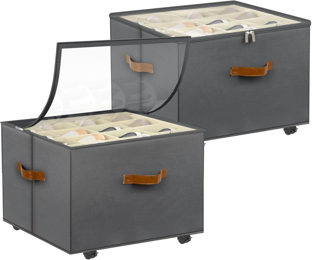 Shoe Organizer for Closet, 2 Pack Shoe Storage Organizer with Wheels and Adjustable Dividers, Stackable Shoe Storage Box with Clear Cover, Closet Shoe Organizer Fits up to 16-32 Pairs, Gray