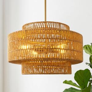 18" Boho Rattan Chandelier, 4-Light 3-Tier Hand Woven Dining Room Light Fixture with Gold Finish, Natural Brown Pendant Lights for Living Room Kitchen Island, AD-25050-4P-GD