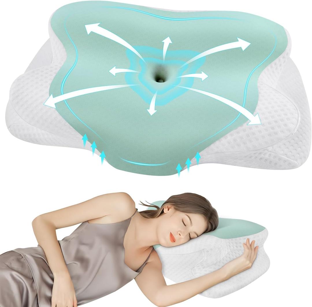 DONAMA Cervical Pillow for Sleeping, Contour Memory Foam Pillow for Neck and Shoulder Support, Ergonomic Neck Pillow for Side Back Stomach Sleepers, Bed Pillows with Cooling Silk Pillowcase (Light Green)