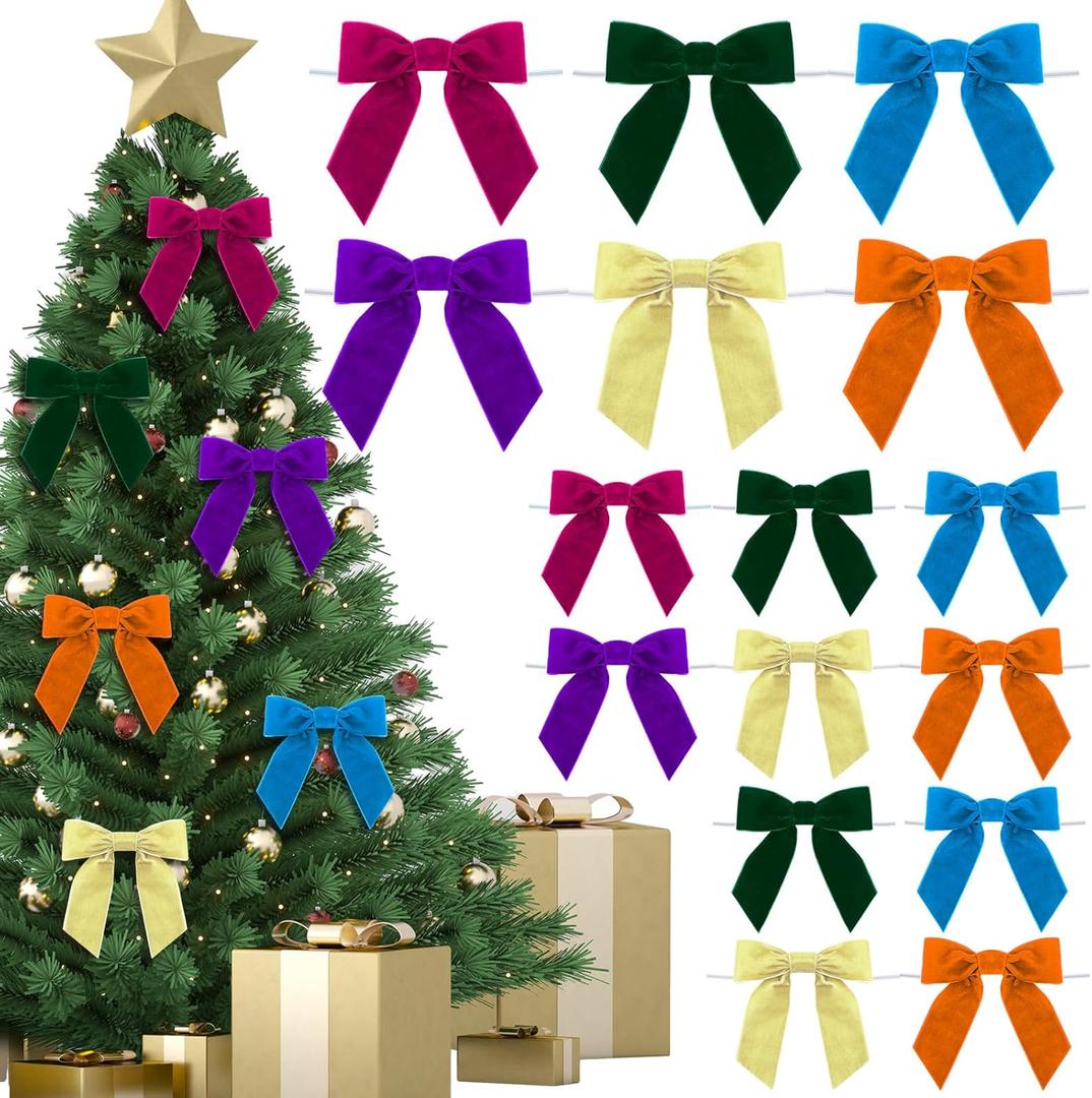 24 Pcs Velvet Christmas Bows for Christmas Tree 4.72" Rustic Crafts Gift Velvet Ribbon Twist Tie Bows for Xmas Wreaths Garland Gift Wrapping Wedding Decor(Mixed Colors)