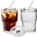 Lioong 2pcs Glass Coffee Cups with Lids,13Oz Ice Coffee Cup With Lids Matcha Glass Tumbler With Straws,Glasses Go to Cups Traveling Mugs For Cold Drinks Smoothie Juice Drinking (400ml)