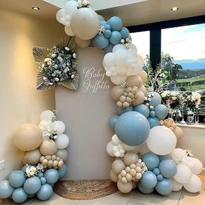 Tartan Plaid Balloon Arch Kit, Ivory White Dusty Blue Lake Blue Dark Green Balloon Garland with Strip, Glue Dots and Ribbon, for Baby Shower Birthday Plaid Party Decoration