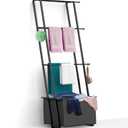 Blanket Ladder Towel Rack with Basket, Wall Leaning Ladder Towel Rack Blanket Holder Rack Drying Rack, 4-Tier Blanket Ladders for Living Room Bathroom (Black with Bag)