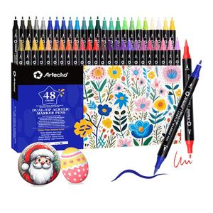 Artecho Acrylic Paint Markers 48 Colors, Acrylic Paint Pens with Brush Tip and Fine Tip for Stone, Rock Painting, Paper, Pumpkin, Wood, Egg, Canvas, Ceramic, Fabric, leather, Glass, DIY Crafts