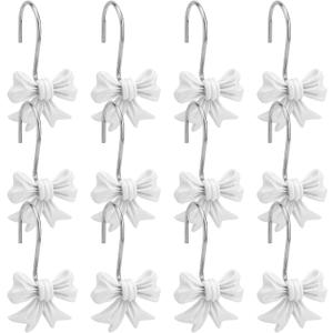 12pcs Bow Knot Shower Curtain Hooks, Decorative Bathroom Bow Hangers Cute Metal Curtain Rings for Bathroom Baby Room Nursery Art Decor (White)