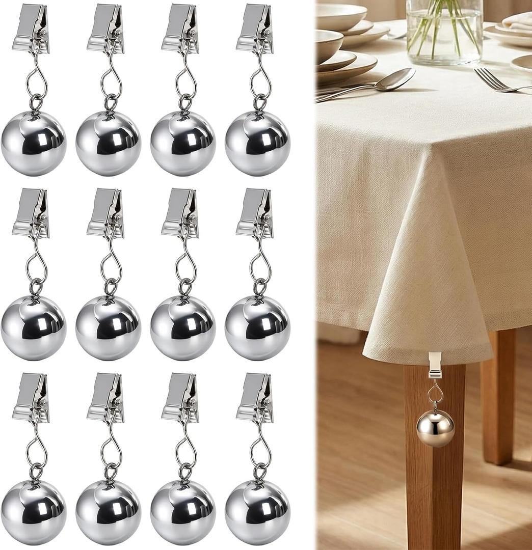 Pumtus 12 Pack Heavy Duty Tablecloth Weights, Stainless Steel Ball with Clip, Metal Shower Curtain Weight, Garden Flag Table Cover Weights for Outdoor Picnic, Garden, Patio, Party, Camping Decor, Small