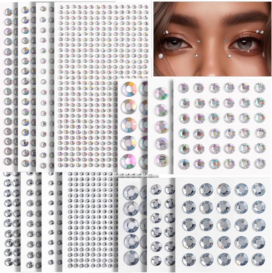 3 x Teenitor Face Gems Hair Gems 2032PCS Self Adhesive Face Rhinestones, Festival Face Jewels Stick on Face Gems for Makeup, Face, Hair, Body in 7 Sizes