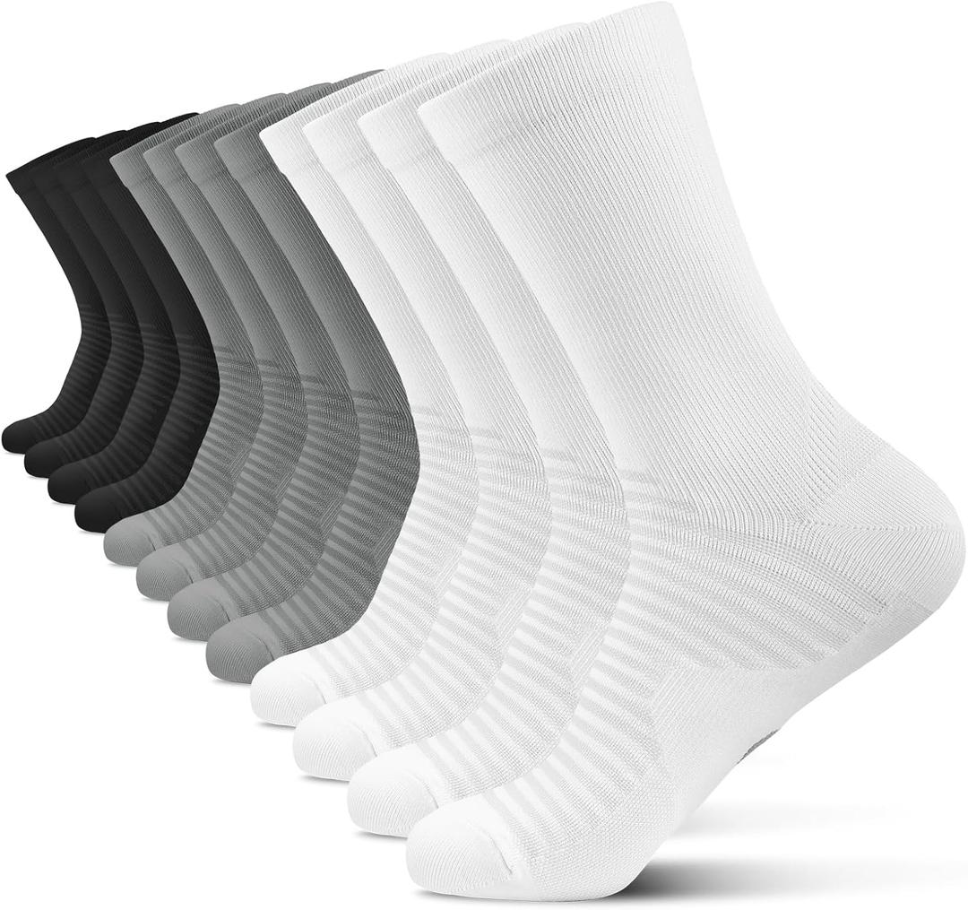 PAPLUS Athletic Crew Compression Socks (6 Pairs) for Men & Women, Running Socks With Arch Support, L-XL (Black,White)
