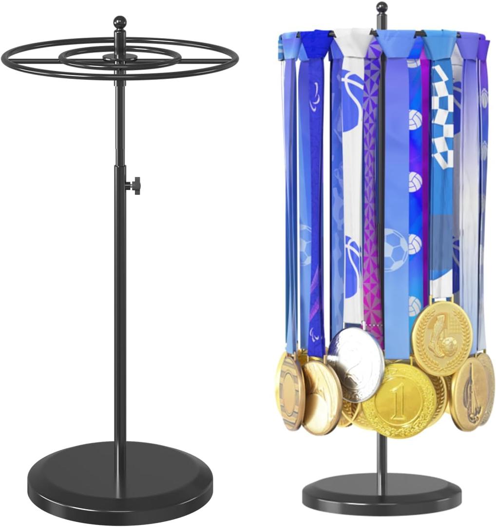 Medal Holder Display Trophy Shelf Organizer, Sturdy Wooden Race Award Hanger Rack with 25 Steel Hooks, Wall Mount Storage Stand for Sports Fans, Cheer Success (Black)