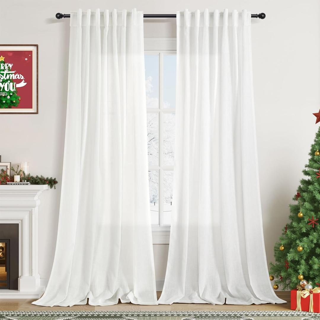 Semi Sheer Linen Curtains 90 Inches Long for Living Room 2 Panels Set Back Tab Pocket Ivory White Tall Vertical Curtains Luxury Light Filter Privacy Curtain Drapes for Bedroom Aesthetic 52X90