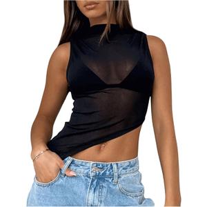 Women's Sheer Mesh Mock Neck Tank Tops Sleeveless Asymmetrical Hem Crop Tops Clubwear (Large, Black)