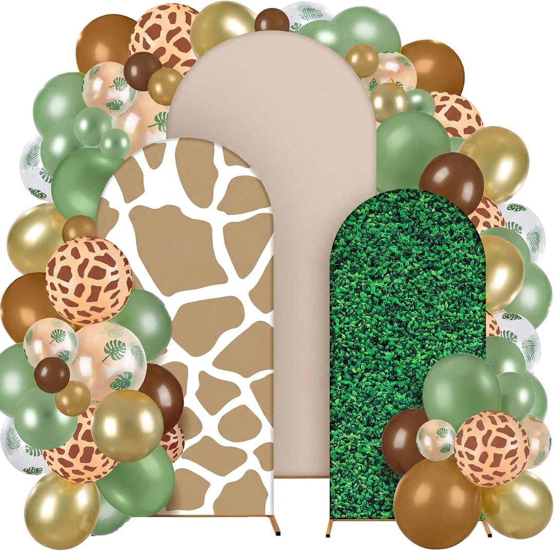 Foilswirl 34 Pieces Jungle Safari Party Decorations 4ft 5ft 6ft Safari Arch Backdrop Cover Jungle Arch Cover Green Leaves Backdrop Green Brown Khaki Balloons for Wildlife Birthday Party Decor