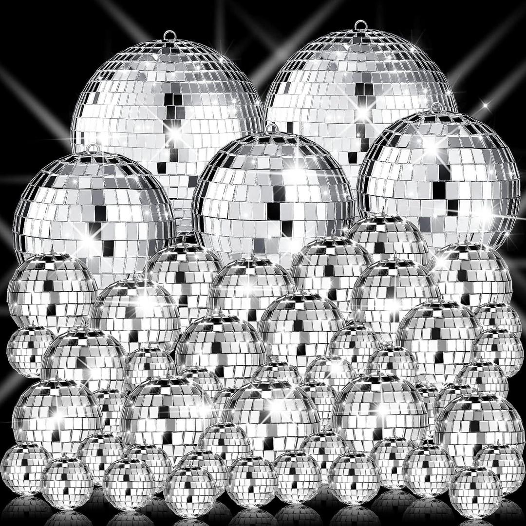 Sumind 50 Pcs Disco Balls Decor Silver Mirror Disco Balls Hanging Decor Assorted Reflective Wedding Dance Music Festivals for Christmas Stage Club Ballroom Hall Prop (1.2'',2'',3.2'',4'')