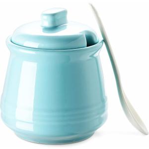 DOWAN Sugar Bowl with Lid and Spoon,12OZ Ceramic Sugar Holder for Coffee Bar, Countertop, Sugar and Creamer Bowl, Kitchen Accessories and Decor, Teal