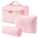 HBselect Quilted Makeup Bag, 3PCS Cotton Large Travel Makeup Bag, Cute Floral Coquette Make up Bag Cosmetic Bag Toiletry Bag for Women Girls