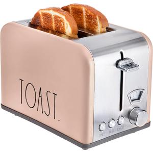 Rae Dunn Toaster, Stainless Steel 2 Slice Square Toaster, Wide Slot with 5 Browning Levels, with Bagel, Defrost and Cancel Options (Blush)