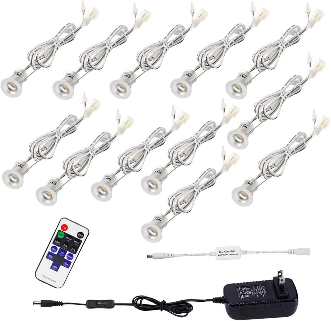 AIBOO Linkable LED Under Cabinet Lighting 12V Recessed Mini Downlights Spotlights Dimmable with Remote Control & ETL Listed Wall Plug for Cupboard Accent Lighting(Warm White,12 Lights)