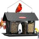 Kingsyard Bird Feeder for Outdoors Hanging, Dual-Use Metal Mesh Wild Bird Feeders with Seed Tray & Weatherproof Roof, 3 lbs Large Capacity, Black