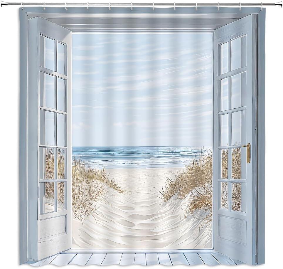 Ocean Beach Door Shower Curtain Tropical Hawaiian Scenery Sea Wave Coastal Landscape Nautical Sea Scenic Sand Blue Sky Summer Nautical Beachy Bathroom Decor Polyester Curtains with Hooks,70Wx70L