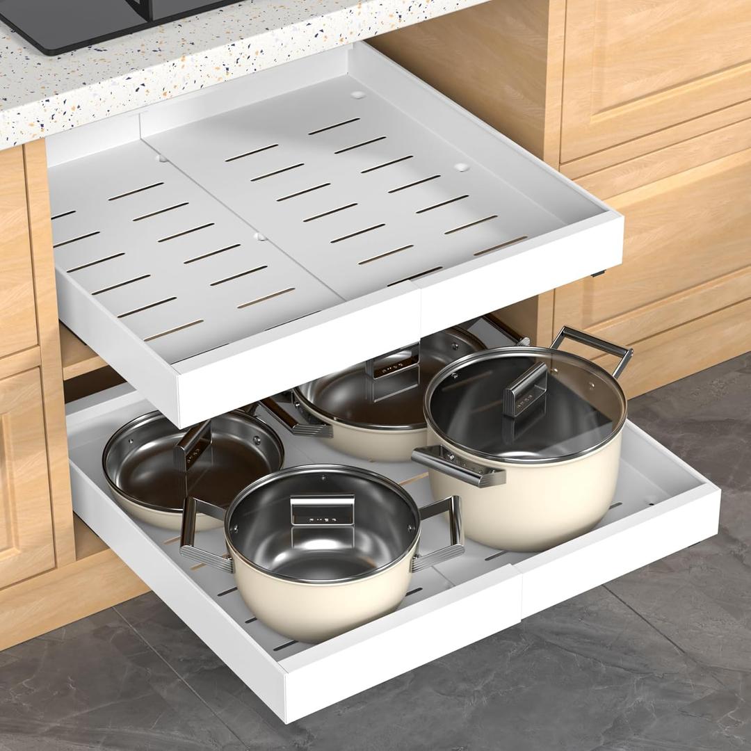 2 Pack Expandable Pull Out Cabinet Organizer, 21"Deep Slide Out Drawer with Nano Adhesive, Upgrade 3 Slide Rails Roll Out Shelf for Kitchen, Pantry or Bathroom, Adjustable Width 12.4"-20.2"