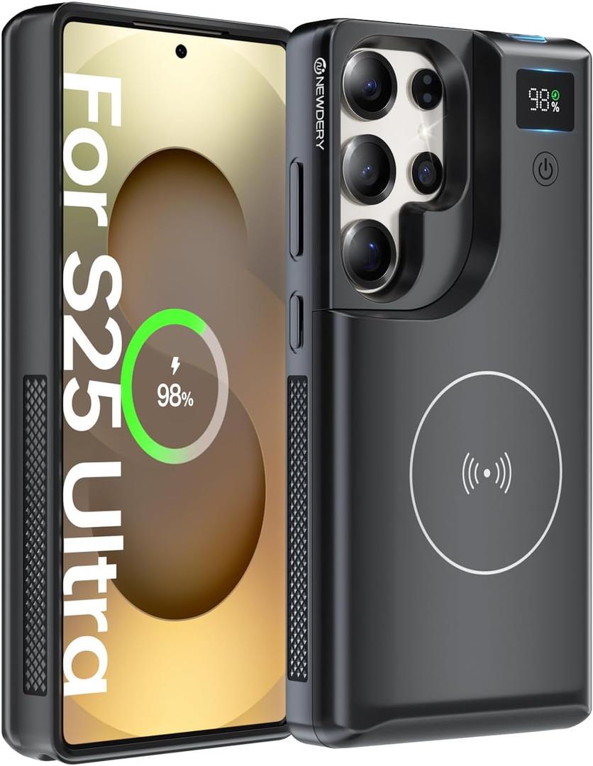 NEWDERY for Samsung Galaxy S25 Ultra Battery Case 6.9", 10000mAh Portable Power Bank with LED Display, Qi Wireless Charger & 20W USB C Fast Charging, Sync-Data Supported Black