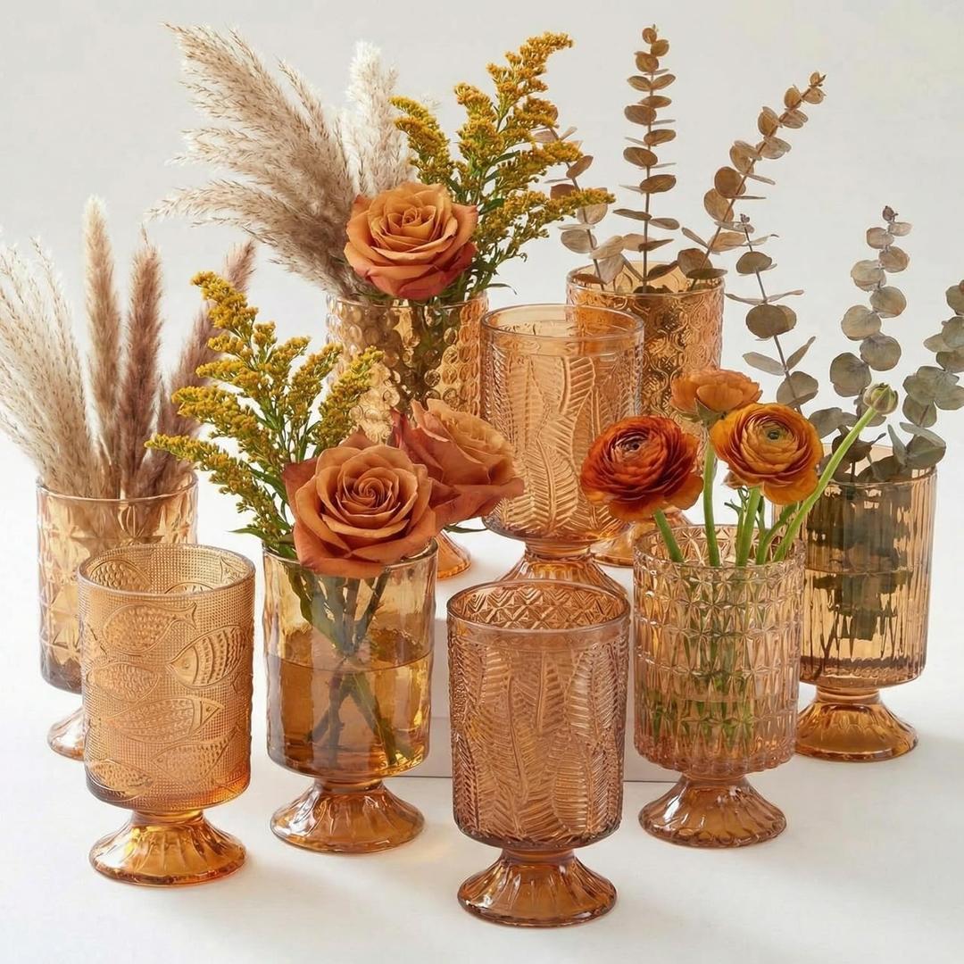 9 Set (H:7 Inch W:4 Inch) Flower Crystal Glass Vases Embossed Pedestal Vases for Centerpieces Hydroponic Glass Transparent Bottle for Home Office Wedding Dining Table Party (Amber)