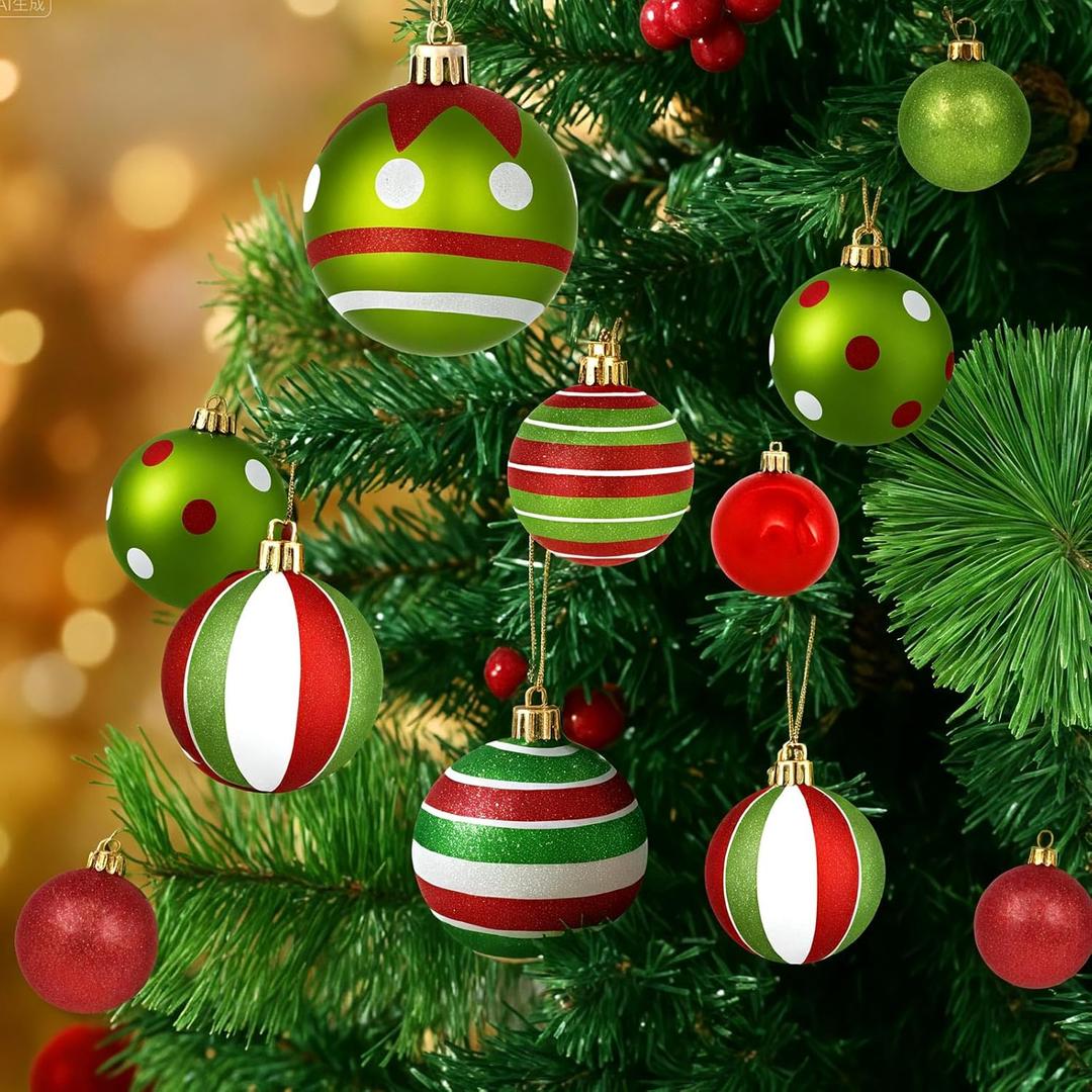 Hungdao 32 Pcs Christmas Ball Ornaments Lime Green Red Christmas Ornament Plastic Xmas Tree Decoration Assorted Size Dot Stripe Holiday Ornament for Tree Home Indoor Decor, 3.1/ 2.3/ 1.5 Inch
