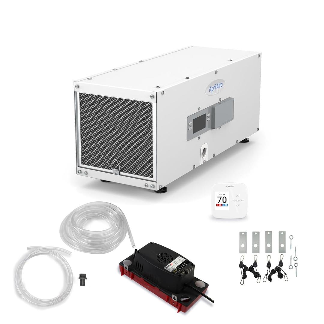 AprilAire E050PZ 50-Pint Professional-Grade, Whole-House Dehumidifier with drain hose for up to 1,600 Sq. Ft. with S86WMUPR Wi-Fi Thermostat, Drain Hose, Condensate Pump, Bracket, and Hanging Kit