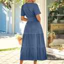 Simplee Womens Summer Denim Dress Casual Short Sleeve V Neck Empire Waist Boho Flowy Western Jean Maxi Dresses with Pockets (S)