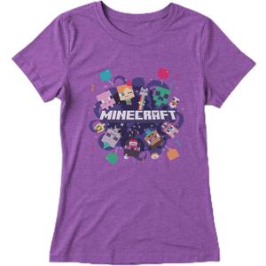 Minecraft Girl's Portal Party Graphic T-Shirt - Purple Berry Color - Features Alex & Steve Character - Mine Craft Movie Merch XS