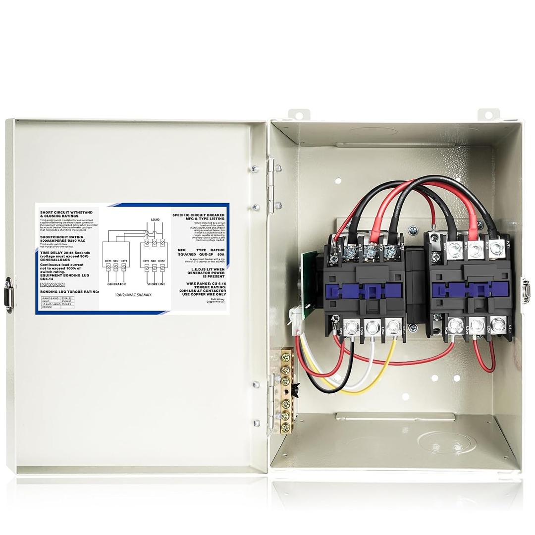 RV Automatic Transfer Switch 50 Amp, 70A Neutral 120/240 VAC Home Generator with Safety Interlocks