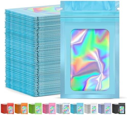 JETMORE 300 Pcs Mylar Bags, Smell Proof Bags Foil Pouch, Holographic Resealable Bags for Small Business, Candy Sample Jewelry Bag Sealable Packaging for Party Favor Food Storage (4x6in-Blue)