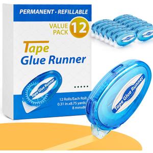 12 Pack Double Sided Tape Roller, 8 Mm x 315 Inch Permanent Adhesive Scrapbook Tape Dispenser Runner, Glue Tape Roller for Scrapbooking, Crafts and Arts Projects, Photo-Safe, Smooth & Clean