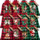 12 PCS Burlap Christmas Drawstring Gift Bags, 10x12in Buffalo Plaid Xmas Gift Bags w/ Tags, Cotton Fabric Goody Gift Treat Bags Xmas Sacks Medium Reusable Gift Wrapping Bags for Holiday Party Favors (Red Black & Green Black)