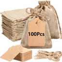 100 Pcs Burlap Bags with Gift Tags and String 3.5 x 5 Inch Small Burlap Sacks Drawstring Bags Reusable Linen Jewelry Pouches for Christmas Wedding Party Favor Gift Wrapping Bulk